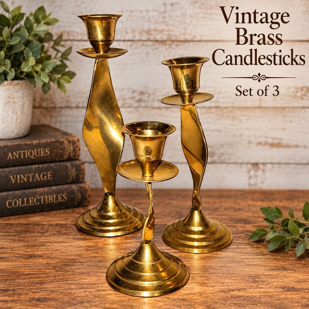 Vintage Solid Brass Candlestick Holders Set of 3 Twisted Made in India